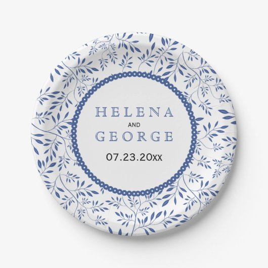 Indigoblaue Blätter Muster Moderne Blumenhochzeit Pappteller (Vorderseite)