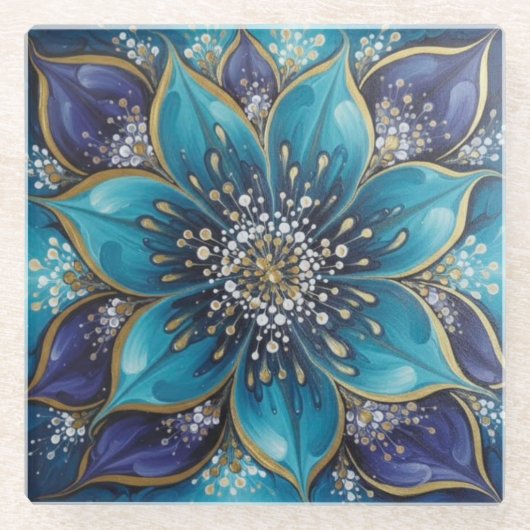 IndigoTealFloralMandala Glasuntersetzer (Vorderseite)