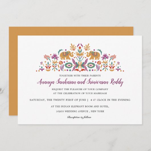 Indische Blume Elephant Mustard Gelbe Hochzeit Einladung (Vorne/Hinten)