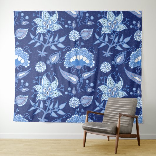 Indische Blume mit dunkelblauer und hellblauer Hau Wandteppich (Beispiel (Horizontal))