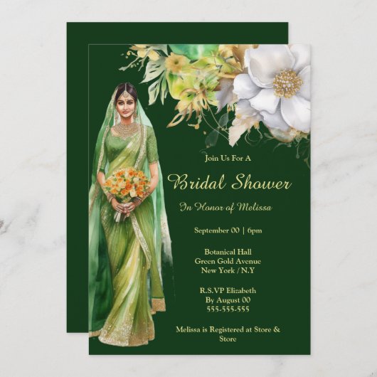 Indische Braut zu grünen Blume botanisch Einladung (Vorne/Hinten)
