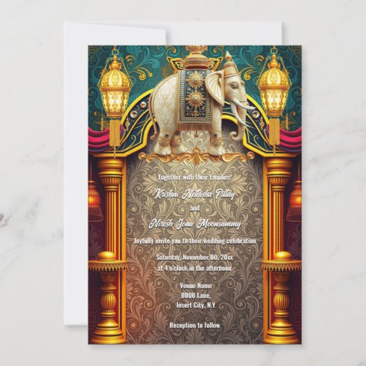 Indische Elefanten bordeauxfarbene Laternen luxuri Einladung (Vorderseite)