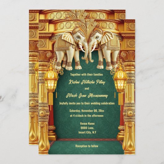 Indische Elefanten goldgrüne Laternen luxuriös Einladung (Vorne/Hinten)
