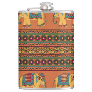 Indische Elefanten, Orange Traditional Seamless. Flachmann