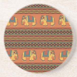 Indische Elefanten, Orange Traditional Seamless. Getränkeuntersetzer