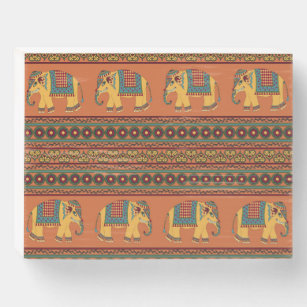 Indische Elefanten, Orange Traditional Seamless. Holzkisten Schild