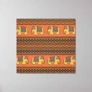 Indische Elefanten, Orange Traditional Seamless. Leinwanddruck