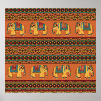 Indische Elefanten, Orange Traditional Seamless. Poster