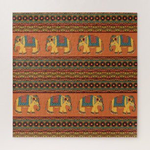 Indische Elefanten, Orange Traditional Seamless. Puzzle