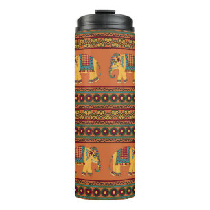 Indische Elefanten, Orange Traditional Seamless. Thermosbecher