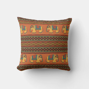 Indische Elefanten, Orange Traditionelles Nahtlose Kissen