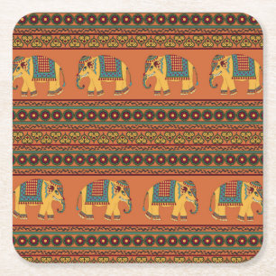 Indische Elefanten, Orange Traditionelles Nahtlose Rechteckiger Pappuntersetzer