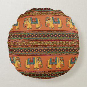 Indische Elefanten, Orange Traditionelles Nahtlose Rundes Kissen