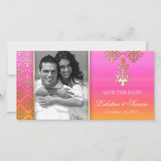 Indische Fotokarte Save the Date Damask Rosa Orang (Vorderseite)