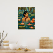 Indische Frau in einem Teich umgeben von Lotus-Blu Poster (Küche)