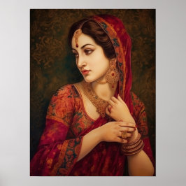 Indische Frau in Porträtmalerei in Red Saree Poster