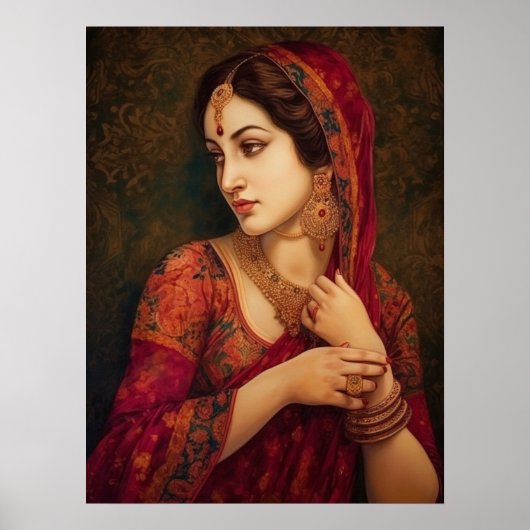 Indische Frau in Porträtmalerei in Red Saree Poster (Vorne)