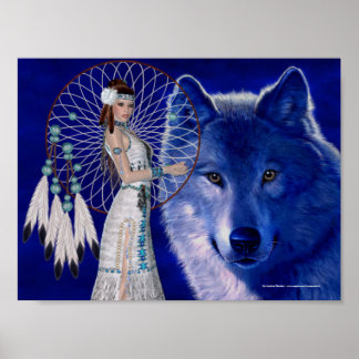 Indische Frau und Blue Wolf Poster Print