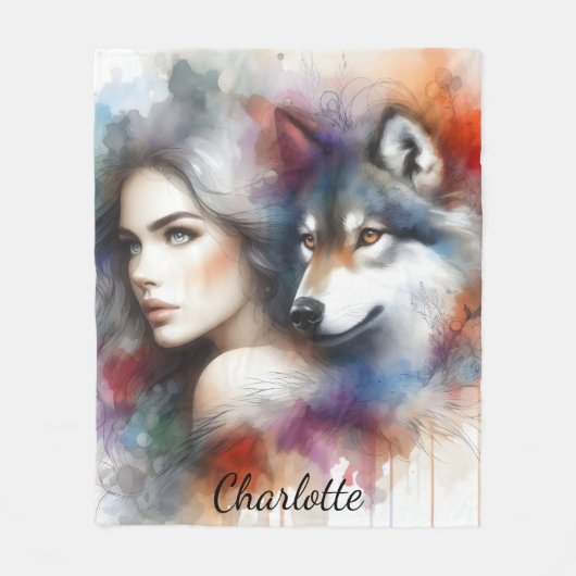 Indische Frau und Wolf Geist der Wildnis Fleecedecke (Vorderseite)