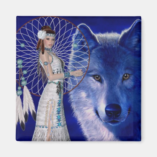 Indische Frauen und blaue Wolfsmuster Magnet (Vorne)