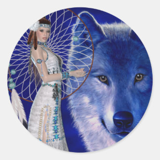 Indische Frauen und blaue Wolfsmuster Runder Aufkleber
