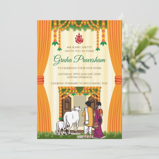 Indische Haushaltswärmung lädt Digital Gruhapraves Einladung (Stehend Vorderseite)
