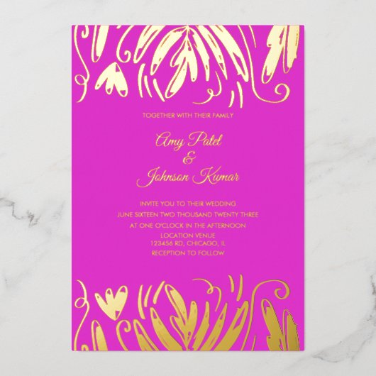 Indische Hindu Gezeichnet Wirbel Blumenzehen gepre Folieneinladung (Vorderseite)