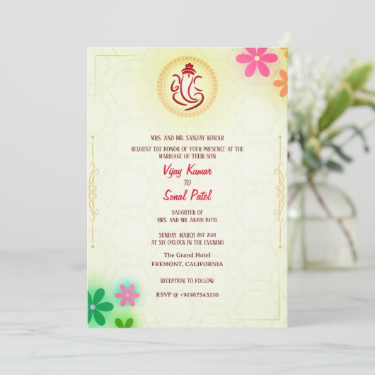Indische Hindu Hochzeit Ganesha mit Blumenelemente Einladung (Stehend Vorderseite)