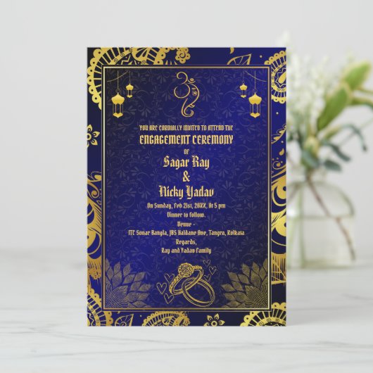 Indische Hindu Verlobung Zeremonie Goldene Element Einladung (Stehend Vorderseite)