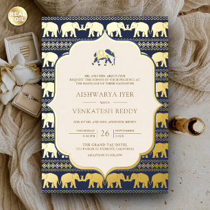 Indische Hochzeit Elefant Navy Blau Foto Gold Folieneinladung