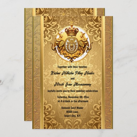 Indische Hochzeit Gold schwarze Elefanten Damaske Einladung (Vorne/Hinten)