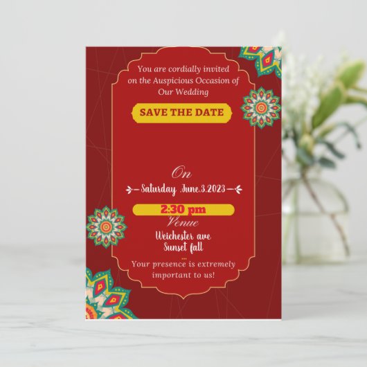 Indische Hochzeit in Rot, Save the Date Einladung (Stehend Vorderseite)