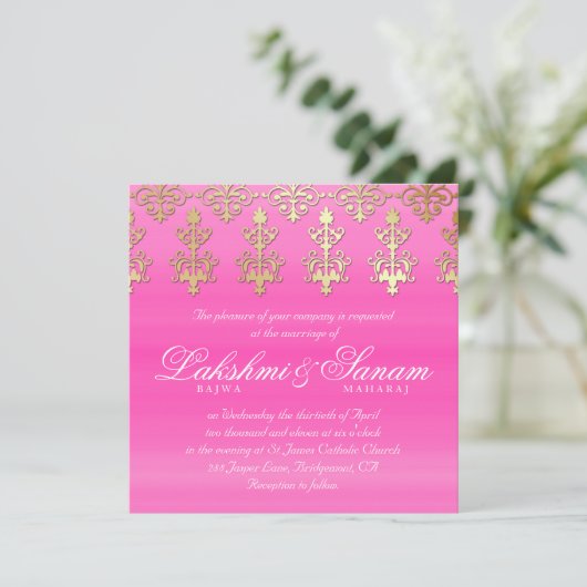 Indische Hochzeit laden Damast-Goldrosa-Weiß ein Einladung (Stehend Vorderseite)
