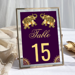 Indische Hochzeit lila indischer Elefanten Tischnummer