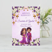 Indische Hochzeit Mehndi lila niedliches Brautpaar Einladung (Stehend Vorderseite)