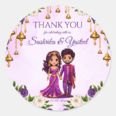 Indische Hochzeit Mehndi lila niedliches Brautpaar Runder Aufkleber (Vorderseite)