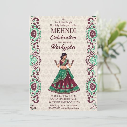 Indische Hochzeit niedliche Braut bordeauxgrün Einladung (Stehend Vorderseite)