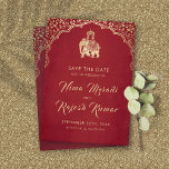 Indische Hochzeit Rettet das Datum Gold Ganesha In Einladung<br><div class="desc">Indische Hochzeit Save The Date Gold Ganesha EinladungDiese wunderschöne indische Hochzeitseinladung mit einem Ganesha-Design in Imitate Goldfolie auf einem roten Hintergrund wird sicherlich Ihre Gäste begeistern! Design-Tipp: Verwenden Sie Hauptstadt-Buchstaben für den nicht-skriptbaren Text. Aktualisieren Sie den Papiertyp auf Pearl Shimmer für ein extravagantes Aussehen!</div>