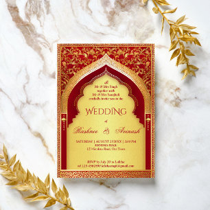 Indische Hochzeit rote und goldene Vintage-Archite Einladung