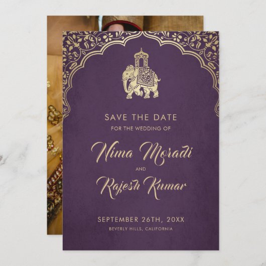 Indische Hochzeit, Save the Date, Blau, Gold, Gane Save The Date (Vorne/Hinten)