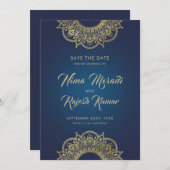 Indische Hochzeit, Save the Date, Blau und Gold Save The Date (Vorne/Hinten)