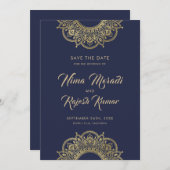 Indische Hochzeit, Save the Date, Blau und Gold Save The Date (Vorne/Hinten)