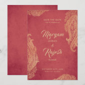 Indische Hochzeit, Save the Date, Rot, Gold, Mehnd Date (Vorne/Hinten)
