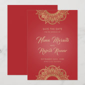 Indische Hochzeit, Save the Date, Rot und Gold Date (Vorne/Hinten)