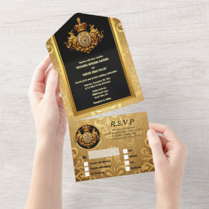 Indische Hochzeit schwarzes Gold Damast Elefanten  All In One Einladung