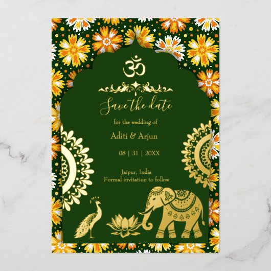 indische Hochzeit speichern das Datum Gold indisch Folieneinladung (Vorderseite)