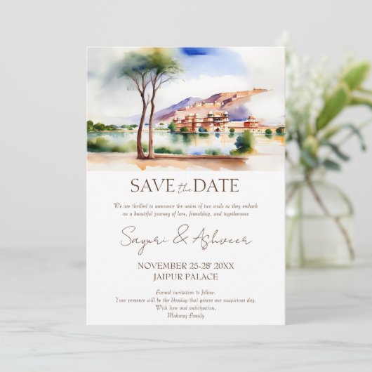 Indische Hochzeit speichern das Datum Jaipur Palas Einladung (Stehend Vorderseite)