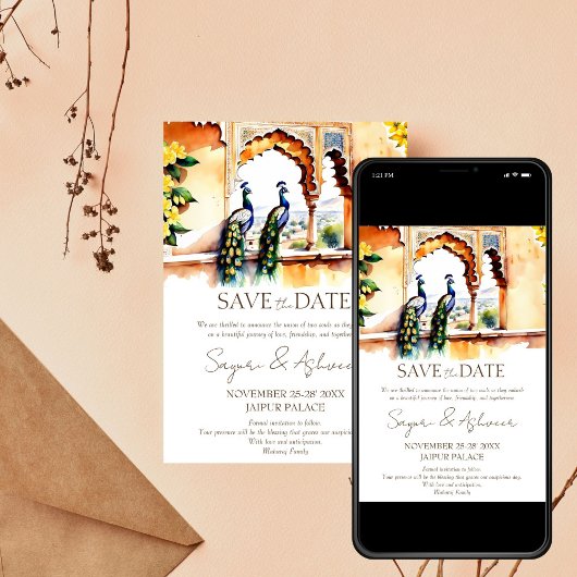 Indische Hochzeit speichern das Datum Pfau Jaipur Einladung