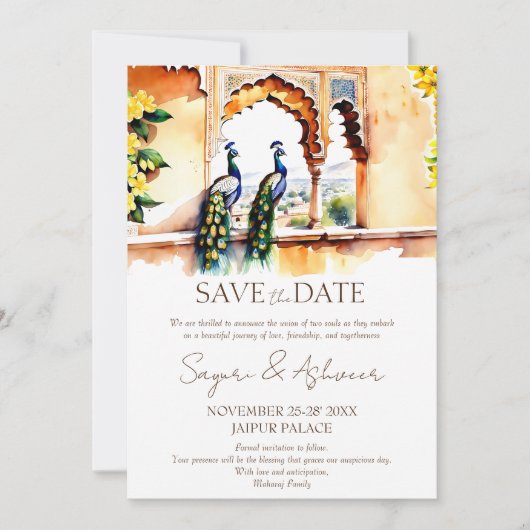 Indische Hochzeit speichern das Datum Pfau Jaipur Einladung (Vorderseite)