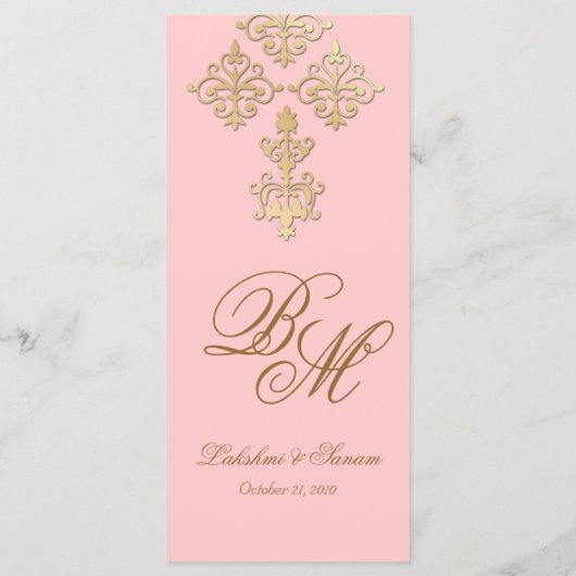 Indische Hochzeitmenükarten Baby Pink Gold Damask Menükarte (Rückseite)